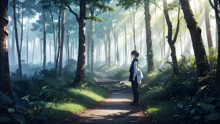 prompt： In the forest、A silence unlike the outside world spread throughout the place.。After a while、suddenly、Mysterious light on the tree々I noticed that it was inserted between。　 Kana（kana） - Hero&#39;s Age: appearance: Medium-length black hair that reache...