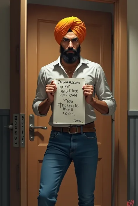 Well dressed  Turban boy with short beard with shirt and blue relaxed jean  holding poster written you are not welcome in this room in hands with aggressive look standing in front of room door written 109