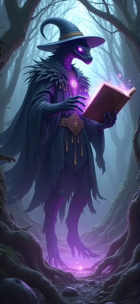 Make a humanoid wizard dragon with black skin color, with a wizard&#39;s hat and neon purple eyes, in his hand emanating a magic holding a grimoire make him levitate in a dark forest 