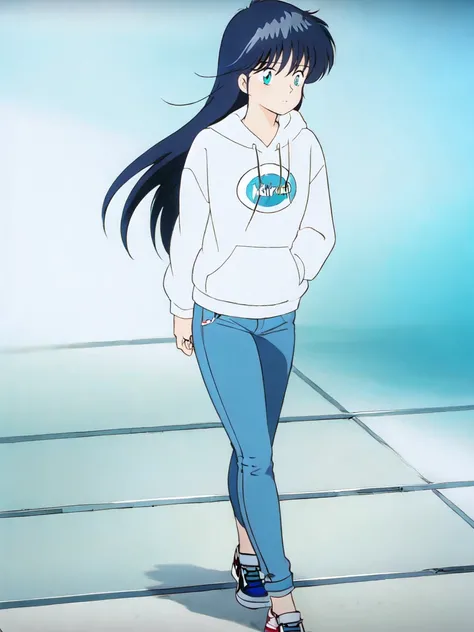 (((masterpiece))),16k,best quality, illustration,madokaayukawa,1girl, long hair, blue hair ,aqua eyes, white hoodie, blue denim jeans, long pants to ankles, tennis shoes, daytime, walking pose