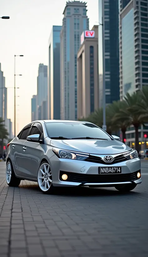 silver 2014 toyota vios with white te37 wheels parked on streets of dubai with NBA6714 as plate number