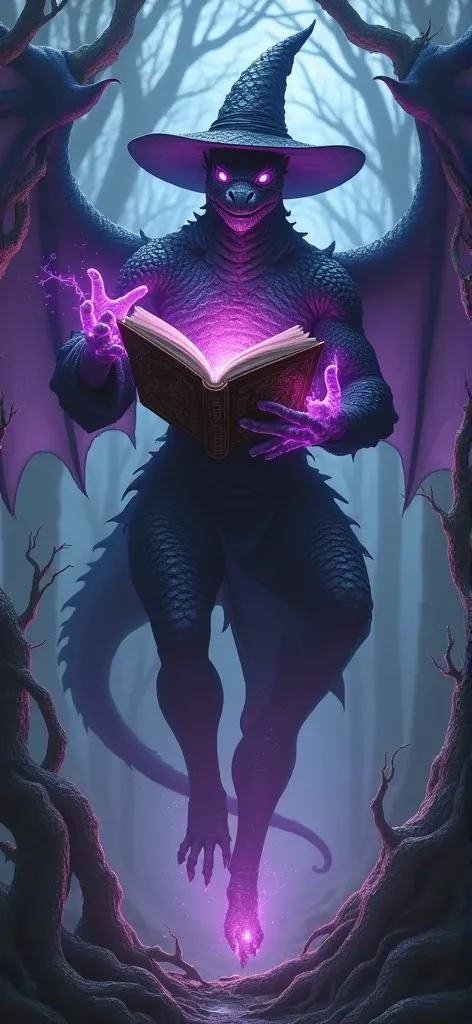 Make a humanoid wizard dragon with black skin color, with a wizard&#39;s hat and neon purple eyes, in his hand emanating a magic holding a grimoire make him levitate in a dark forest 