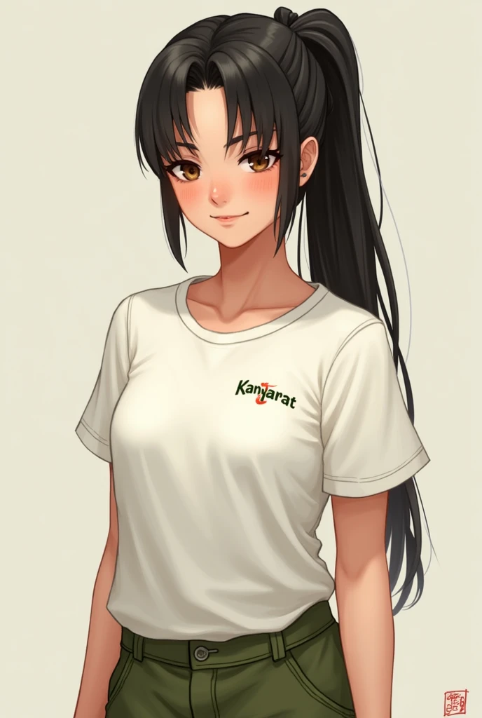 woman in a ponytail, has bangs parted in the middle, has 2 moles under her right eye and 1 mole next to her left nose, has sandy skin, wears a white shirt embroidered with the word kanyarat. boonkan green pants red shoe