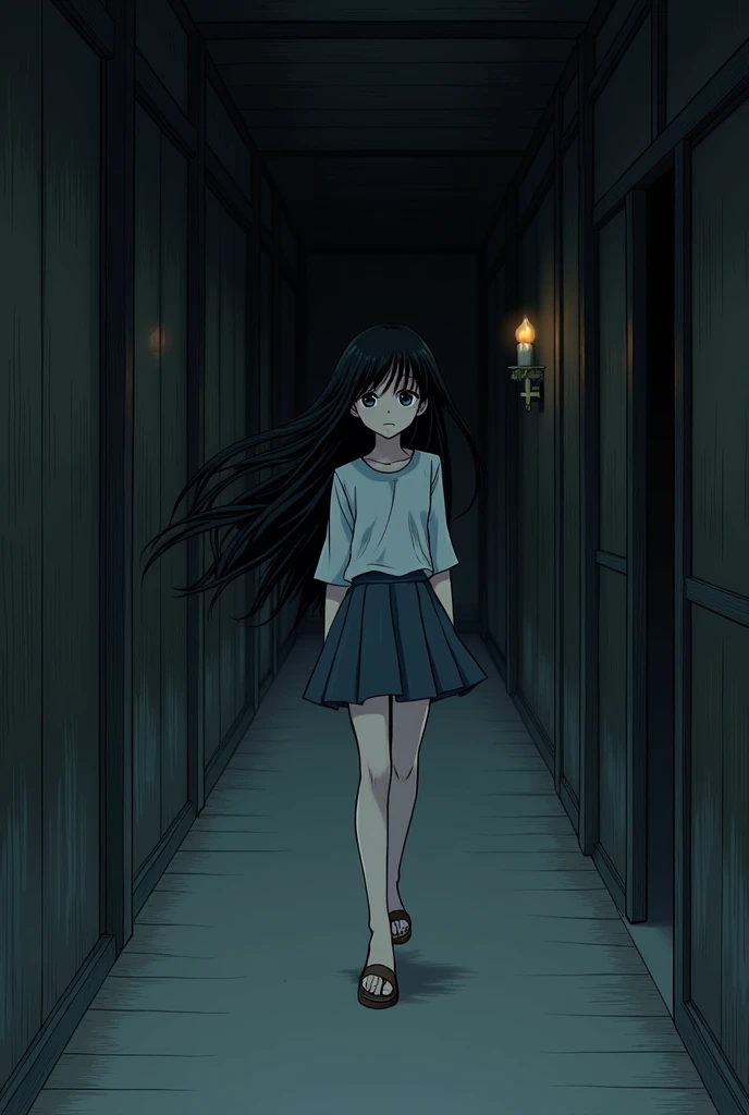 Manga art style, a girl with long black hair that is passing her shoulders, walking in a dimly lit hallway 