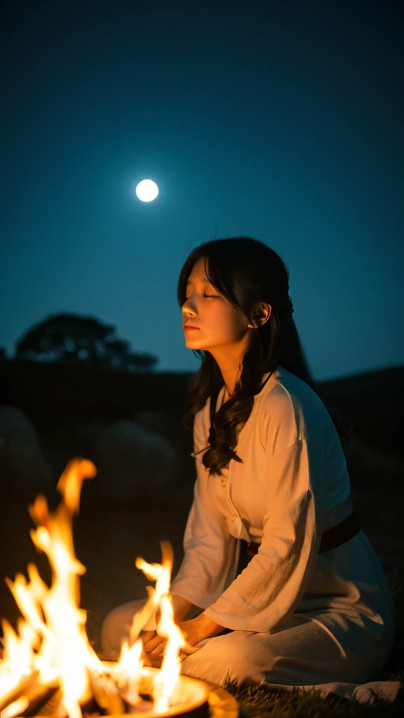 High image quality、woman、Japanese、meditation、Moonlit Night、Bonfire