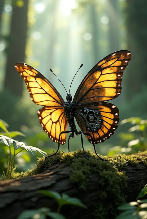 Butterfly with half robot style half real and forest background and butterfly in middle with small size 
