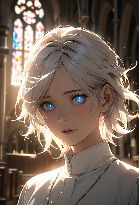 score_9, score_8_up, score_7_up, score_6_up, backlighting, light rays, 1girl, adult woman, nun, mouth mask, white hair, medium hair, messy hair, blue eyes, pretty face, Constricted pupils, scared, traumatized, looking at viewer, (background: stained glass,...