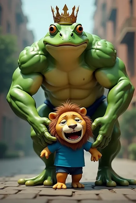 A muscular green frog with a crown sweeping a small, crying lion in a blue t-shirt with a broom