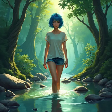 A beautiful young woman with short blue hair, wearing a thin T-shirt and shorts, with slender legs, standing in a stream, facing this way, with rocks, and behind her is the mysterious nature, green forest, and fascinating light. Semi-realistic painting.