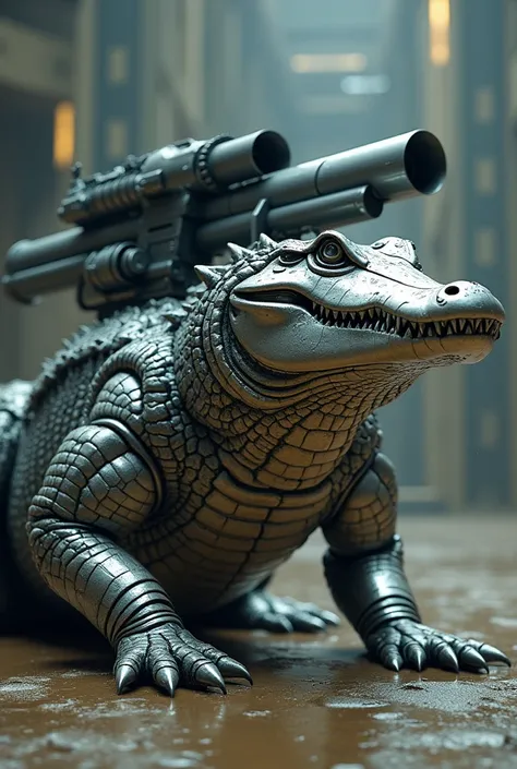 Creat image of crocodile with silver metallic body and machine gun on crocodiles back 