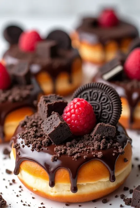 Donuts with chocolate glaze Oreo raspberries and chocolate pieces 