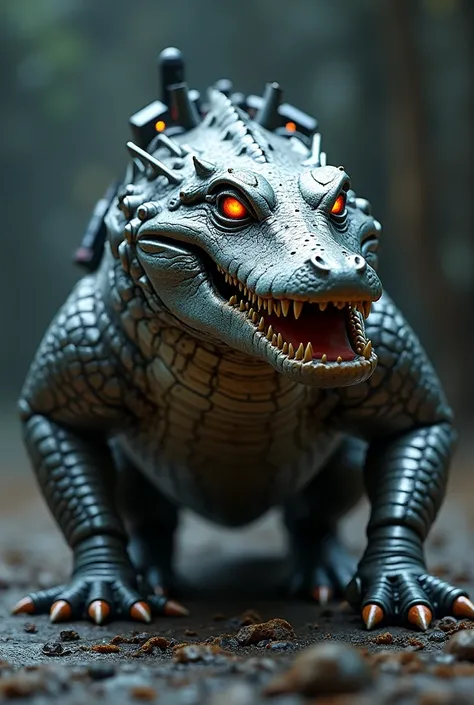 Creat image of crocodile with silver metallic body and machine gun on crocodiles back  with red eyes 