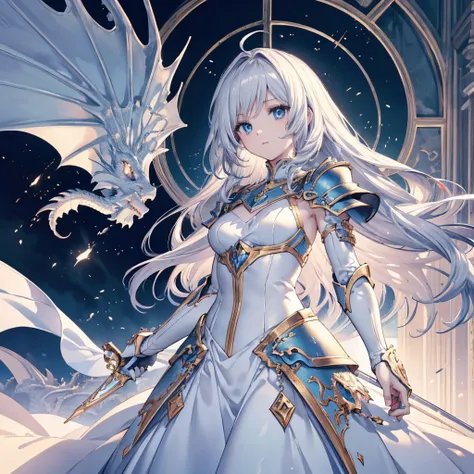 high quality, masterpiece, Delicate facial features, Delicate hair, Delicate eyes, Delicate hair, Anime Girls, Combat pose, Holding a sword in both hands, Silver Price, Dragon Knight,Medium-long silver hair, Sky blue eyes, Detailed white victorian dress、Sh...