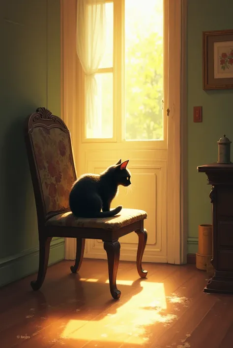 "A quiet, sunlit apartment with a worn, old chair in the center. Dust floats through the air, creating a soft, nostalgic atmosphere. A small black cat sits curled on the chair, gazing intently at the front door with hopeful, alert eyes. The room is bathed ...