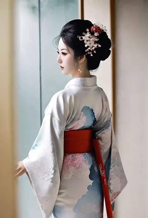 賑やかな夜の城下町でひときわ目立つ街一番の美しいOiran，(Standing posture)，(Rear facing angle)
8k, Luxury (masterpiece, Best Quality, Best Quality, Official Art, beautifully、aesthetic:1.2), (One woman), kimono，Kimono, kimono，Japan，Japan人女性，White skin，Very detailed,(Fractal Art:1.3)...