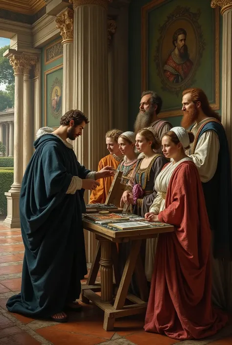 Image of Michelangelo painting the portrait Medici family in Florence in their estate in 16th century,  epic, historical,  architectural marvel,  authentic