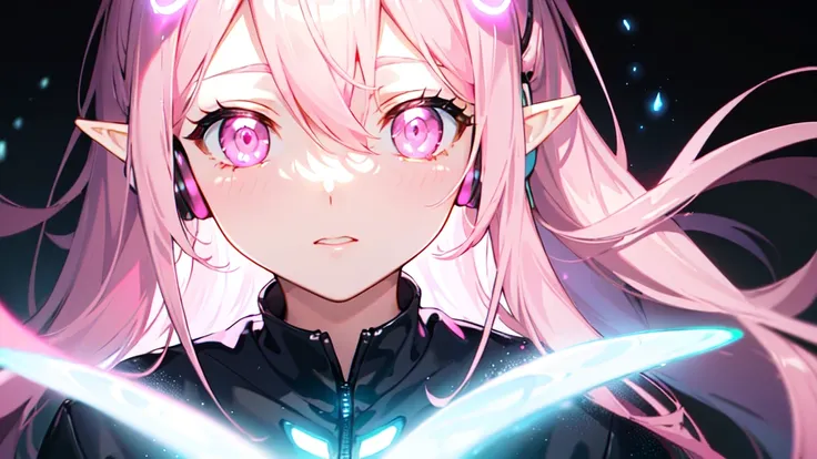 (elf), (Gradient Color hair,), (forest, mist, side lighting, best lighting), dark theme, ((Best Quality:1.0)、(Ultra-high resolution:1.0)、、(Pink eyes that glow white:1.5)、(Pink eyes with a strong white light shining from within:1.5)Headphones、Half-body port...