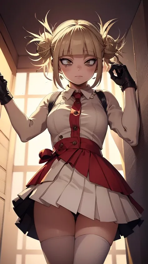 Himiko Toga, ,,(Alone),Himiko toga,(boku no hero academia),(short blonde hair with two messy pulps in her hair and yellow eyes with cat pupils),(Wearing),+,Wearing),+,(A female character dressed in a short red dress with a super short and sensual skirt, fi...