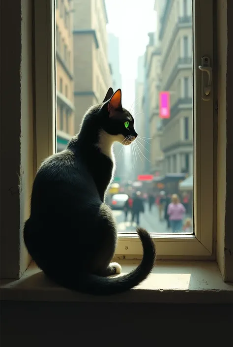 Oliver moves from the chair to the windowsill, pressing his nose gently against the cold glass. His green eyes scan the bustling street below as people walk by in hurried motions. His tail flicks restlessly, and the muted colors of the outside world blur t...