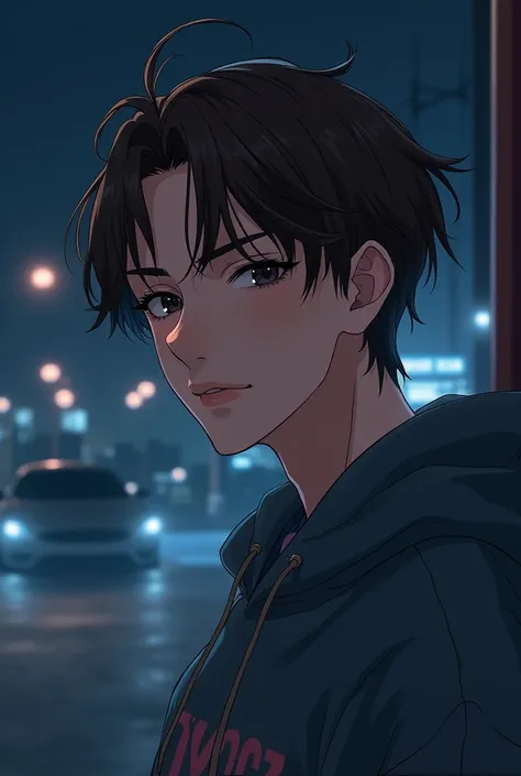 (jay in enhypen), (anime) wearing sweat shirt, night background, pale skin, (broad shoulder), ((black serine eyes)), (sharp jawline), brown straight hair, (thick brows), ((realistic)), manly facial features, side profile 