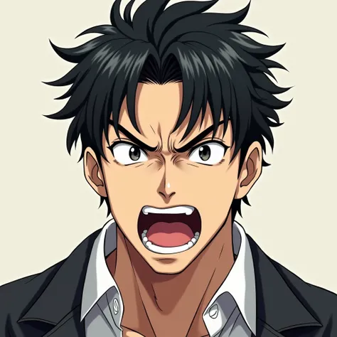 Make a handsome photo of a handsome black-haired masculine man yelling unwillingly, Japanese anime style