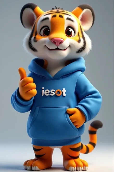 
"Create a realistic yet animated image of a tiger standing upright like a university mascot. The tiger is wearing a blue hoodie with a small logo on the chest that reads IESOT. The tiger has a friendly expression and is making a thumbs-up gesture with one...