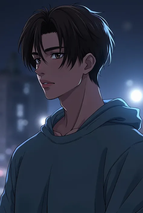 (jay in enhypen), (anime) wearing sweat shirt, night background, pale skin, (broad shoulder), ((black serine eyes)), (sharp jawline), brown straight hair, (thick brows), ((realistic)), manly facial features, side profile 