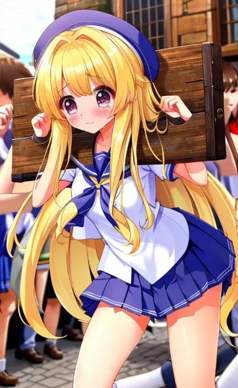 High school girl in sailor suit　Pleated skirt　　mini skirt　Beautiful long blonde hair　Embarrassing　Tears overflow from my eyes　Pillory　Walking through the crowd　Medieval town