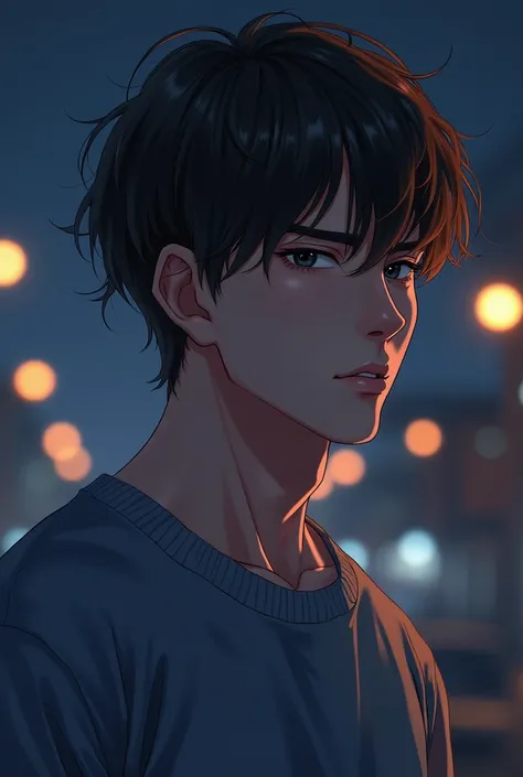 (jay in enhypen), (anime) wearing sweat shirt, night background, pale skin, (broad shoulder), ((black serine eyes)), (sharp jawline), brown straight hair, (thick brows), ((realistic)), manly facial features, side profile 