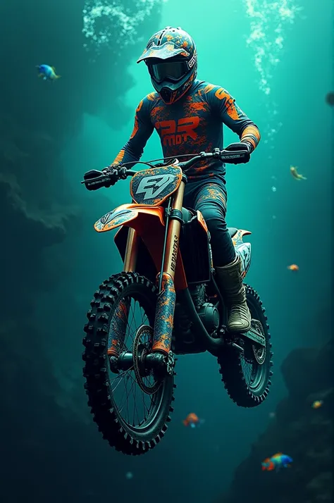 9. **Ocean Depths**
- **Base Color**: Deep Teal
- **Accent Colors**: Coral Orange, Seafoam Green
- **Design Elements**: Wavy patterns representing ocean currents, with coral orange AR MOTO logo on the chest. Create motocross jersey design