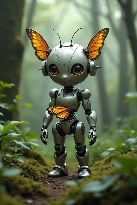 Butterfly with half robot style half real and forest background and butterfly in middle robot hand catching butterfly and robot face with smile 
