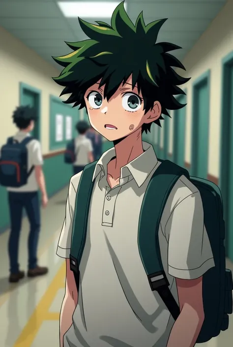 Screenshot of my hero academia. Black haired boy with yellow highlights and short hair. With medium-dark gray eyes and a serious and somewhat tired expression, with dark circles under the eyes, with half-white skin and scars on his neck, hands and mouth. H...