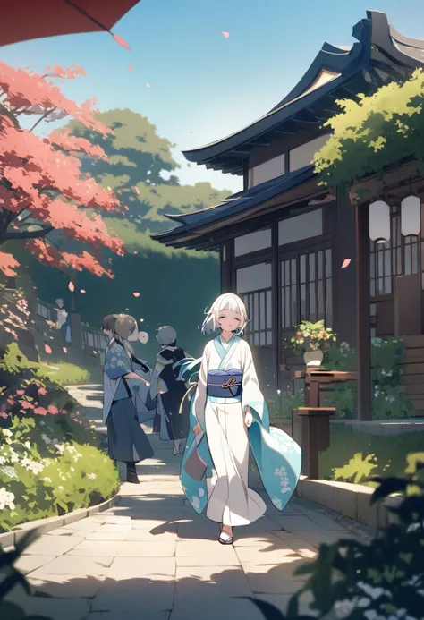 A sickly boy walking in a Japanese garden。With a slim and delicate body、A shadow of anxiety appears on his face。The kimono flutters in the wind、The blue sky and beautiful gardens are in the background.、The boy&#39;s expression is introverted and reserved.。...