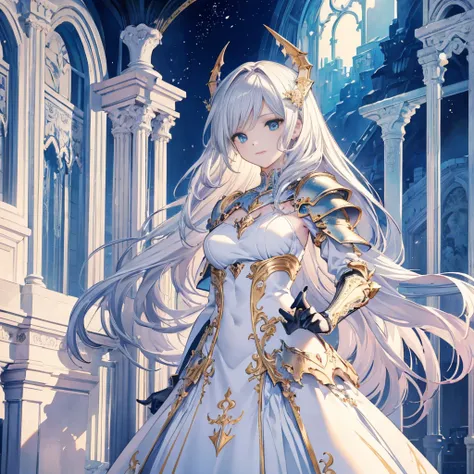 high quality, masterpiece, Delicate facial features, Delicate hair, Delicate eyes, Delicate hair, Anime Girls, smile, Combat pose, Holding a sword in both hands, Silver Price, Dragon Knight,Medium-long silver hair, Sky blue eyes, Detailed white victorian d...