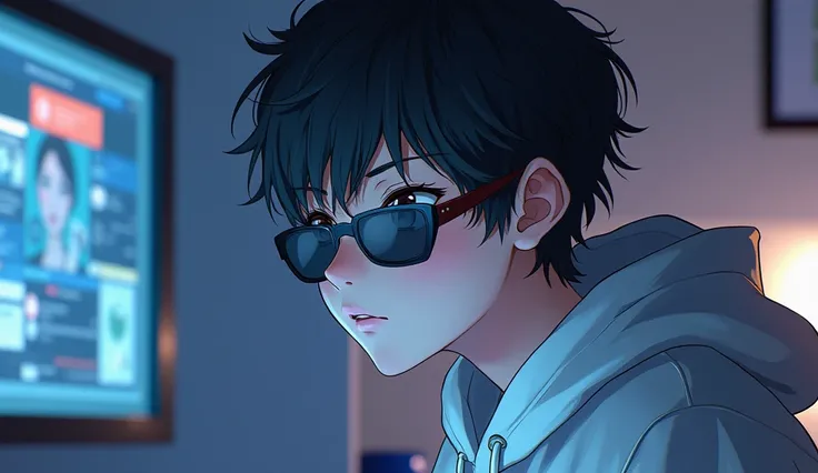 anime boy charater who where hoody and sun glasseslook at screen