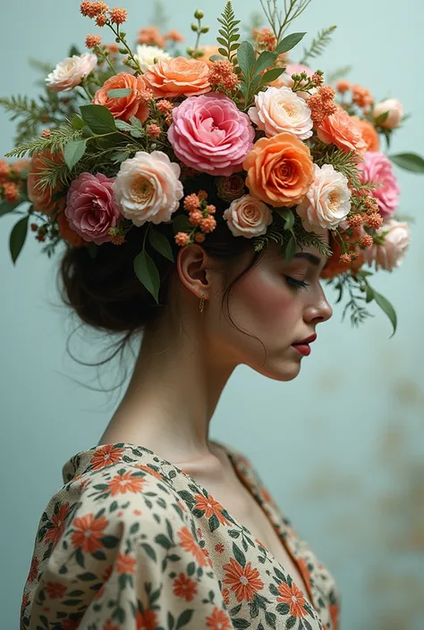 Woman in profile with baroque dress, The woman&#39;s head is made only of flowers, The flowers cover her entire head and face 