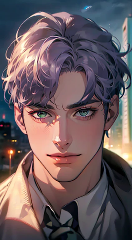 (Highest quality,4K,8K,High resolution,masterpiece:1.2),Super detailed,(Realistic,photoRealistic,photo-Realistic:1.37),1 personld,Mature Men,Beautiful skin、very handsome,Expressionless smile in love,Short gray purple hair,green eyes,Sharp Eyes,A perfect fa...