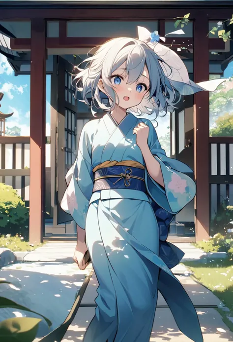 A sickly boy walking in a Japanese garden。With a slim and delicate body、A shadow of anxiety appears on his face。The kimono flutters in the wind、The blue sky and beautiful gardens are in the background.、The boy&#39;s expression is introverted and reserved.。...