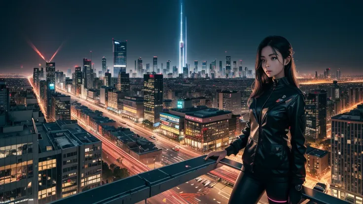 (3D, ultra-detailed, UHD, high-quality,1 girl, age 23, closeup, upper body, detailed face, futuristic city, flying cars, rooftop view), a girl stands confidently on a building rooftop, wearing a sleek suit. Behind her, a vibrant cityscape with glowing neon...