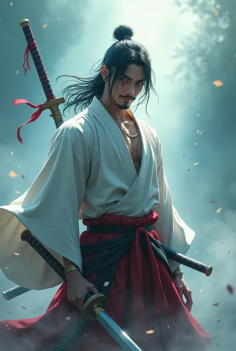 accurate, Best Quality, High resolution, Muscular,smile, Thin beard, Dutch Angle, Eye scars, Surrealism, samurai,The white haori coat turns red,Wields a sword as tall as his back,Skinny macho,Hero Face,Meguro Ren&#39;s Eyes,Medium Hair,Beckham lookalike,De...