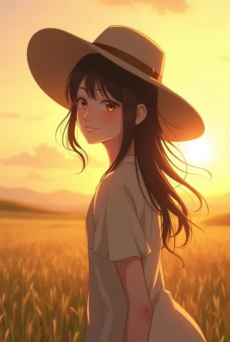 Under the sunset in the fields, the girl stood sideways with her hat against the light, looking back at me. The wind blew through her hair, and she smiled sweetly