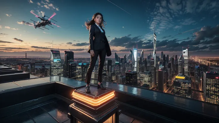 (3D, ultra-detailed, UHD, high-quality,1 girl, age 23, closeup, upper body, detailed face, futuristic city, flying cars, rooftop view), a girl stands confidently on a building rooftop, wearing a sleek suit. Behind her, a vibrant cityscape with glowing neon...