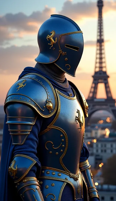 Design a fantasy image of the Ferrari Company embodied as a French medieval knight, wearing intricate, blue and silver armor with Ferrari insignias. The costume incorporates elements of regal elegance with a fleur-de-lis on the helmet. In the background, p...