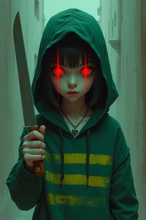 The girl has a hoodie with green and yellow horizontal lines, is holding a knife, is wearing a heart-shaped necklace, has red vertical bars for eyes, and is wearing brown shoes and an undertail.