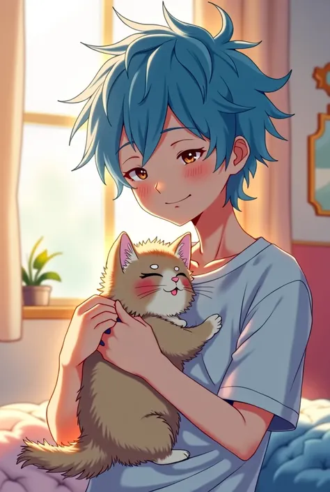 A cute anime style blue hair male character holding a kitten 