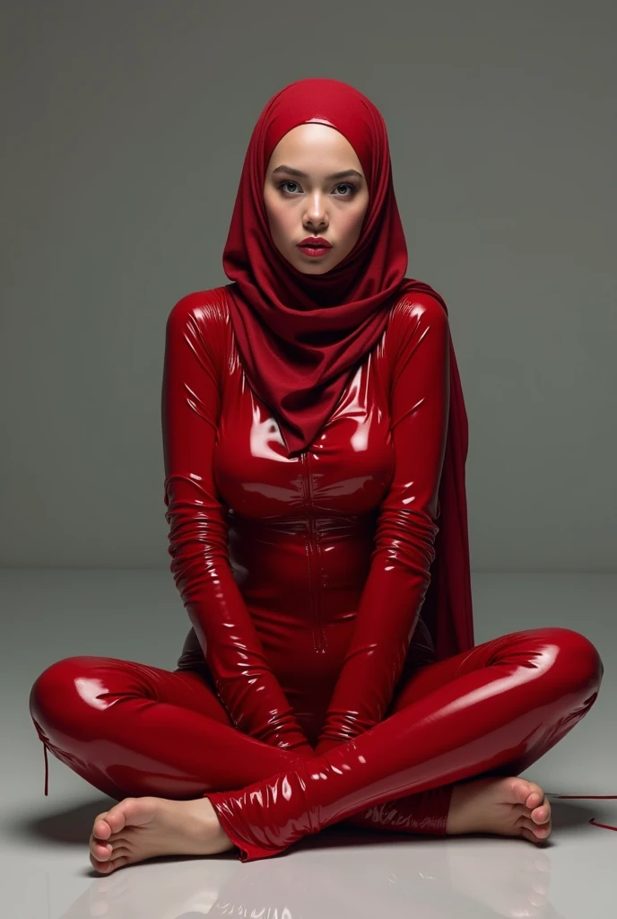 hijabi girl wearing wet red latex and naked feet and sitting on the floor 