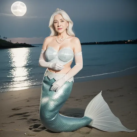 a portrait photograph of a beautiful ((60 year old)) woman, white hair, mermaid, scales mermaid tail below waistline, sit on beach, wrinkles, moonlight, night, lace elbow gloves, pearl necklace, long transparent skirt waistline, pearl earings, pearl crown,...