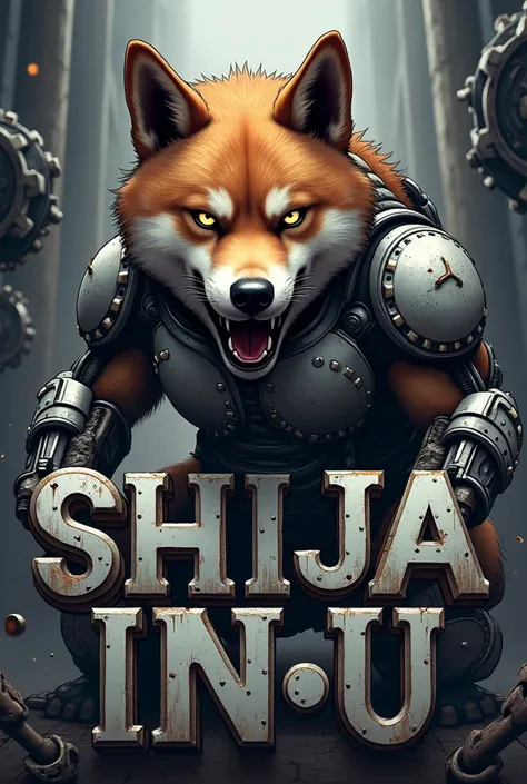 Write I am shiba letter with background like robotic aggressive lion
