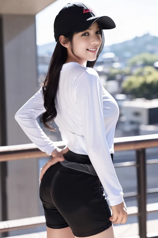 Japanese women、Young woman、cute、Beauty、[Calm face、Climbing the stairs at the station、Rear view、Half Body、Looking back here、Looking down from here、Long black hair、(He is wearing a black, tight-fitting baseball cap.:1.5)、(Tight shorts、Black hot pants:1.6)、I ...