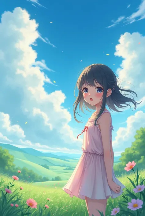 Beautiful and cute anime girl 
pic in front of Sky and beautiful background 